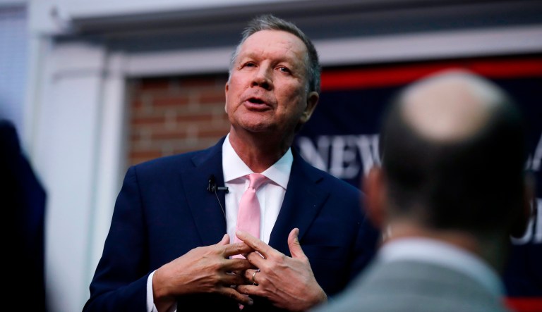 Republican Gov. John Kasich, a former 2016 Presidential hopeful, gestures during a visit to New England College in Henniker, N.H., Tuesday, April 3, 2018.