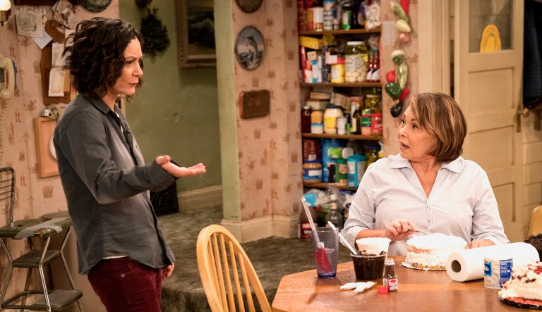This image released by ABC shows Sara Gilbert, left, and Roseanne Barr in a scene from "Roseanne." The unprecedented sudden cancellation of TVâs top comedy has left a wave of unemployment in its wake.