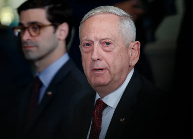 Defense Secretary Jim Mattis speaks during a bilateral meeting with Emir of Qatar Sheikh Tamim bin Hamad al-Thani the Pentagon, Monday, April 9, 2018.
