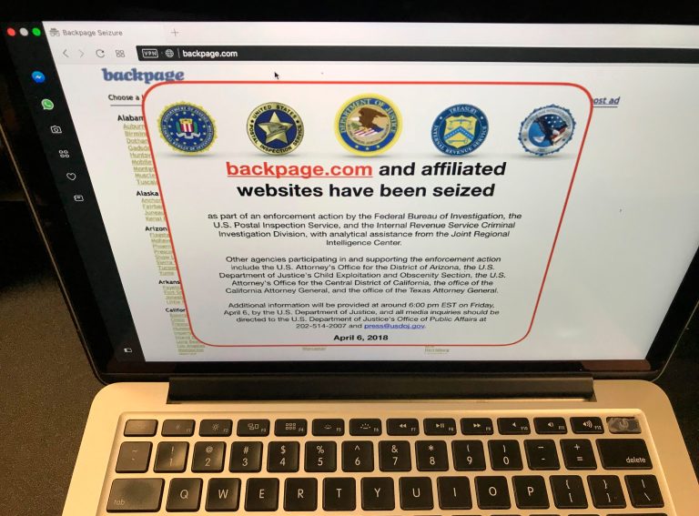 FILE- This April 6, 2018, file photo shows a screen shot of the website Backpage.com in Los Angeles. A 1996 law that shields online services from being liable for what their users do would be weakened by a sex-trafficking bill awaiting President Donald Trumpâs signature. The 1996 provision doesnât bar federal criminal prosecutions. A federal indictment unsealed Monday, April 9, accuses the founders of Backpage and five others of facilitating prostitution by running ads for sexual services and hiding their revenues.