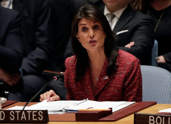 United States Ambassador to the United Nations Nikki Haley speaks during a Security Council meeting, Tuesday, April 10, 2018, at United Nations headquarters.