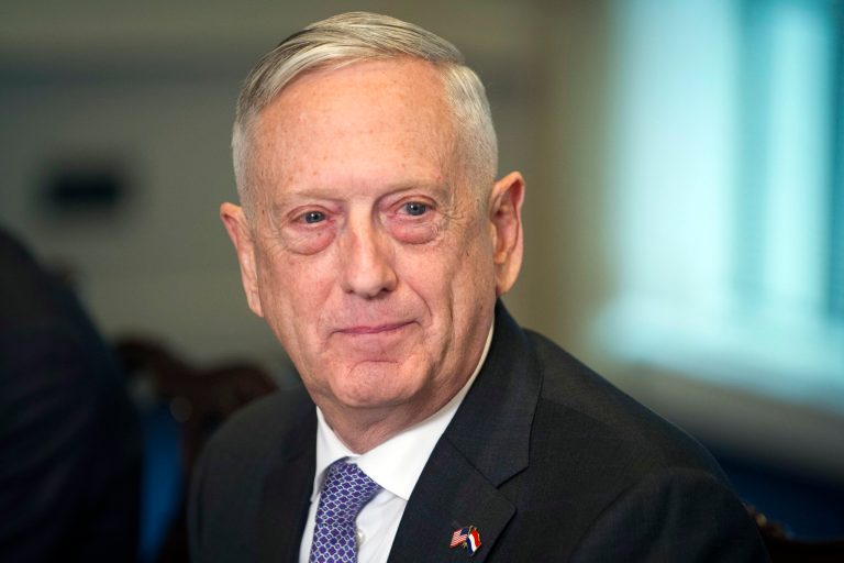 Defense Secretary Jim Mattis responds to reporter's question about military action in Syria during a meeting with Netherlands Minister of Defense Ank Bijleveld at the Pentagon in Washington, Wednesday, April 11, 2018.