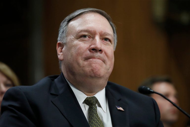 Secretary of State-designate Mike Pompeo pauses while speaking during the Senate Foreign Relations Committee confirmation hearing on his nomination to be Secretary of State on April 12 on Capitol Hill in Washington.
