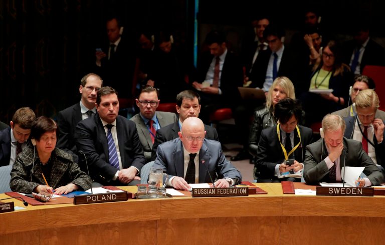 Vassily Nebenzia, center, Russia's ambassador to the United Nations, speaks during a Security Council meeting at U.N. headquarters.