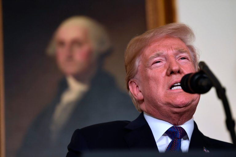 President Trump speaks in the Diplomatic Reception Room of the White House on Friday in Washington, about the U.S.' military response to Syria's chemical weapon attack on April 7.