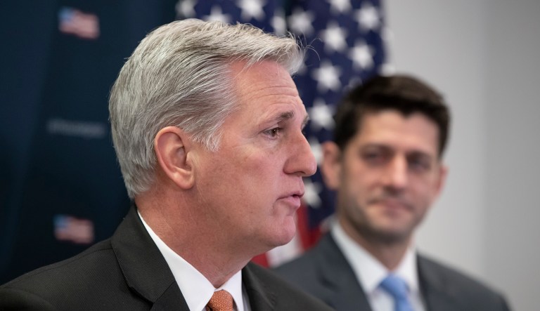 House Majority Leader Kevin McCarthy, R-Calif., joined at right by Speaker of the House Paul Ryan, R-Wis., talks with reporters at the Capitol in Washington.