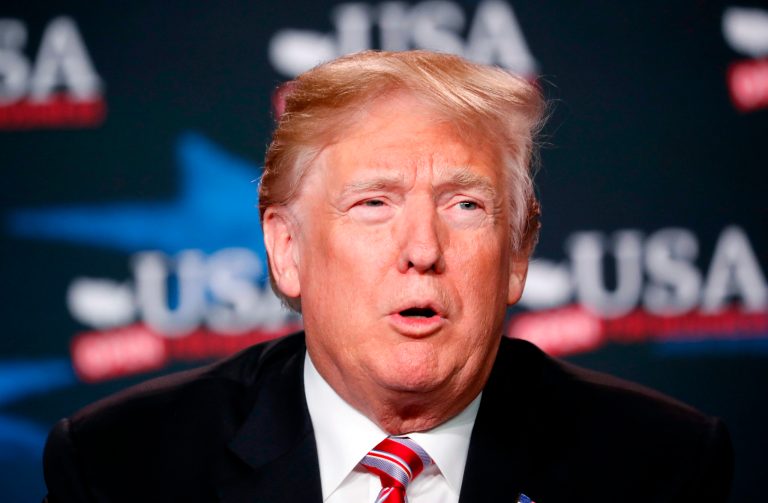 In this April 16, 2018, photo, President Donald Trump speaks at an event to promote his tax cut package in Hialeah, Fla. Trump will play host to Japanâs Shinzo Abe at Mar-a-Lago on Tuesday amid growing strain between the two countries over the presidentâs planned meeting with North Korean dictator Kim Jong Un and his push for new tariffs.