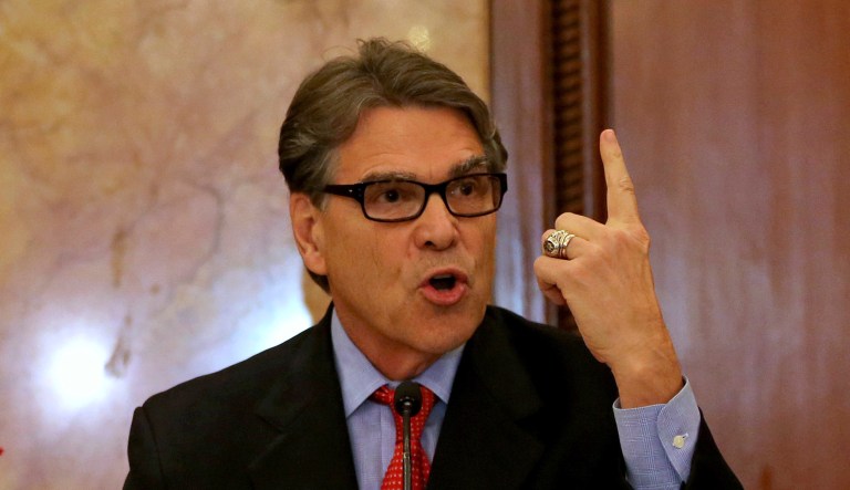 U.S. Energy Secretary Rick Perry, right, addresses a joint press conference with India's Petroleum Minister Dharmendra Pradhan in New Delhi, India, Tuesday, April 17, 2018. Perry is on his first visit to India in a move to enhance bilateral energy cooperation.