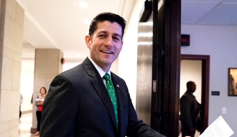 Speaker of the House Paul Ryan, R-Wis., arrives to speak to reporters on Capitol Hill in Washington, D.C.
