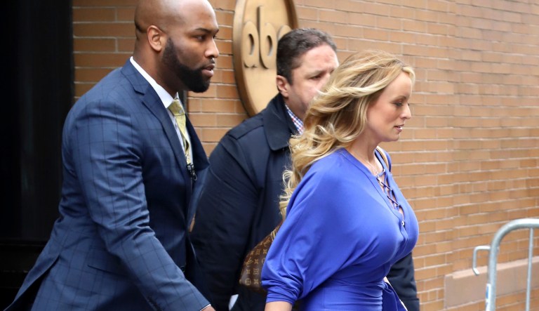 Adult film actress Stormy Daniels leaving ABC Studios after making an appearance on "The View" on Tuesday, April 17, 2018, in New York.