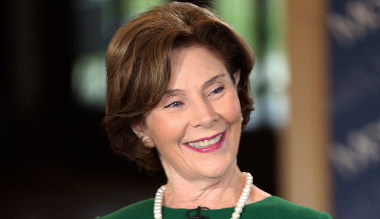 Former First Lady Laura Bush is interviewed on the "Mornings with Maria Bartiromo" program on the Fox Business Network at the George W. Bush Presidential Library in Dallas. 