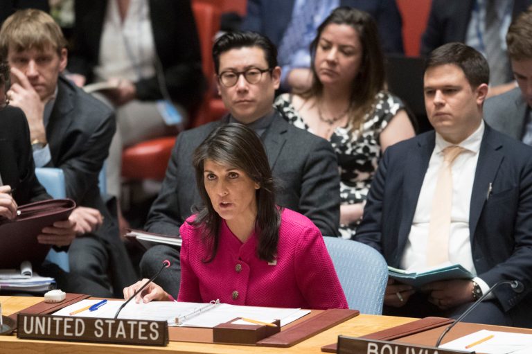 American Ambassador to the United Nations Nikki Haley speaks during a Security Council meeting on the situation between Britain and Russia, Wednesday, April 18, 2018 at United Nations headquarters.