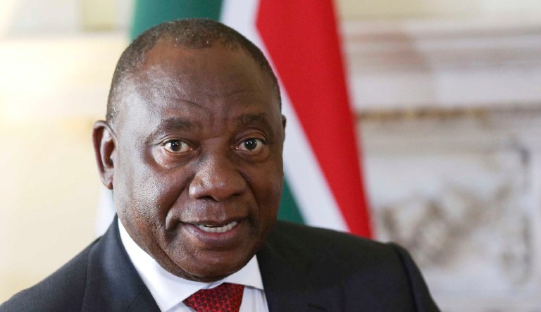 South Africa's President Cyril Ramaphosa speaks during a meeting.