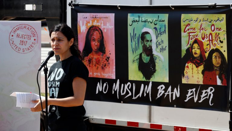 Avideh Moussavian, Senior Policy Attorney, National Immigration Law Center, speaks during a media availability for a video installation to protest President Donald Trump's ban on Muslims, Monday, April 23, 2018, at Union Station in Washington.