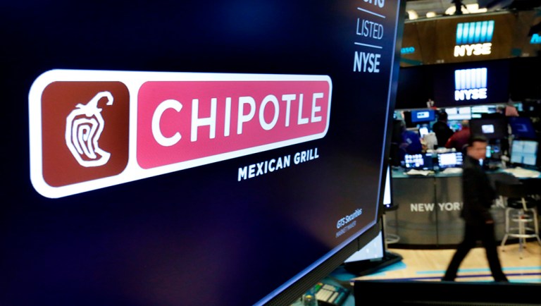 The logo for Chipotle appears above a trading post on the floor of the New York Stock Exchange.