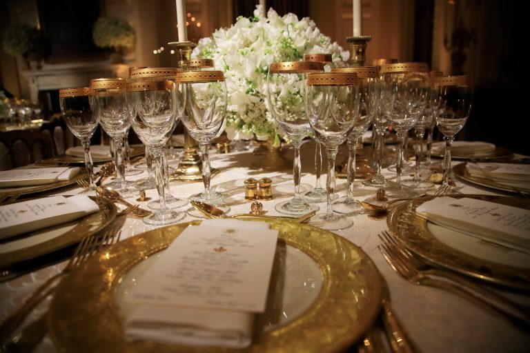 The State Dining Room at the White House is set for the first State Dinner that President Trump will host as president with French President Emmanuel Macron in Washington.