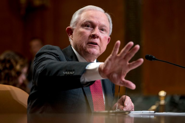 Attorney General Jeff Sessions speaks at a Senate Appropriations subcommittee on the Department of Justice's budget on Capitol Hill, Wednesday, April 25, 2018, in Washington.