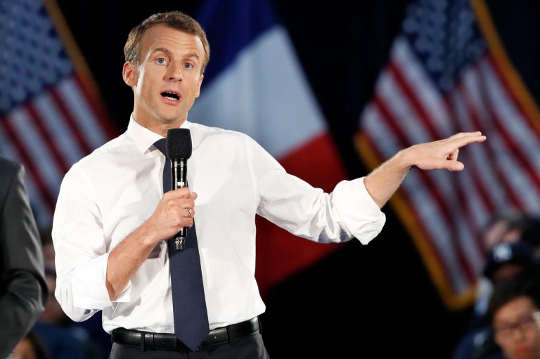 French President Emmanuel Macron speaks to students at George Washington University, Wednesday April 25, 2018, in Washington.