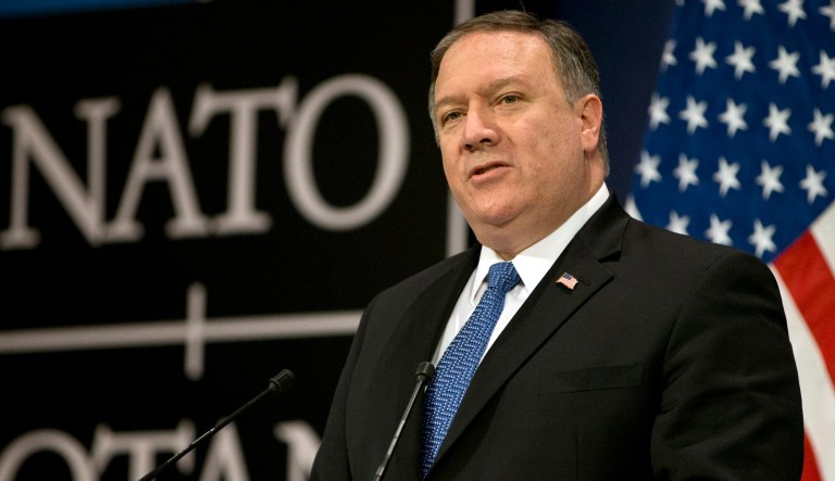 Secretary of State Mike Pompeo speaks during a media conference at the conclusion of a meeting of NATO foreign ministers at NATO headquarters in Brussels on Friday, April 27, 2018.