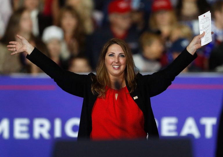 Ronna Romney McDaniel, Chair of the Republican National Committee, waves at President Donald Trump campaign rally in Washington Township, Mich., Saturday, April 28, 2018. She sees the party jelling going into the midterm elections.