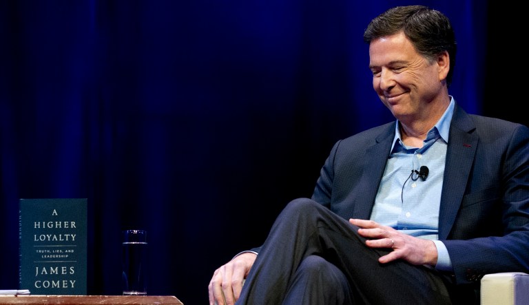 Former FBI director James Comey speaks during a stop on his book tour for "A Higher Loyalty" in Washington. 