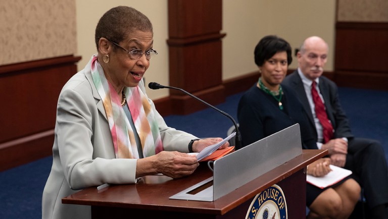 From left, Del. Eleanor Holmes Norton, D-D.C., the District's nonvoting member of Congress, Washington Mayor Muriel Bowser, and chairman of the D.C. Council, Phil Mendelson, hold a news conference.