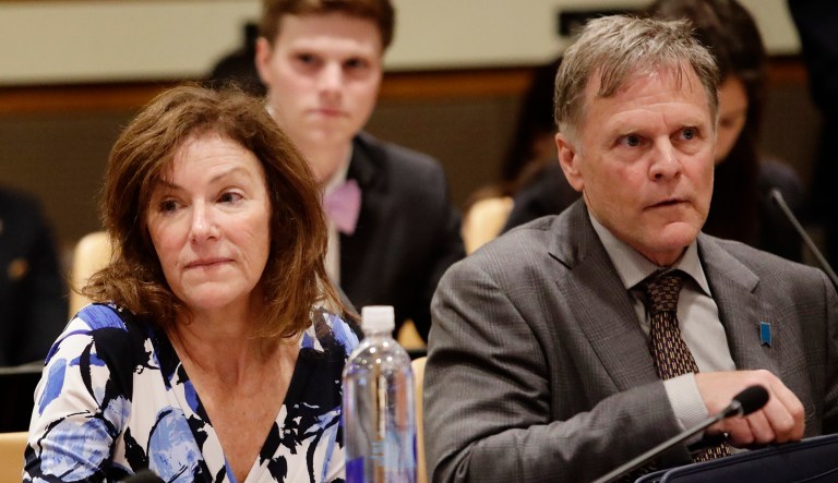 Fred Warmbier, right, and Cindy Warmbier, parents of Otto Warmbier, an American who died last year days after his release from captivity in North Korea, speak at a meeting at the United Nations headquarters.