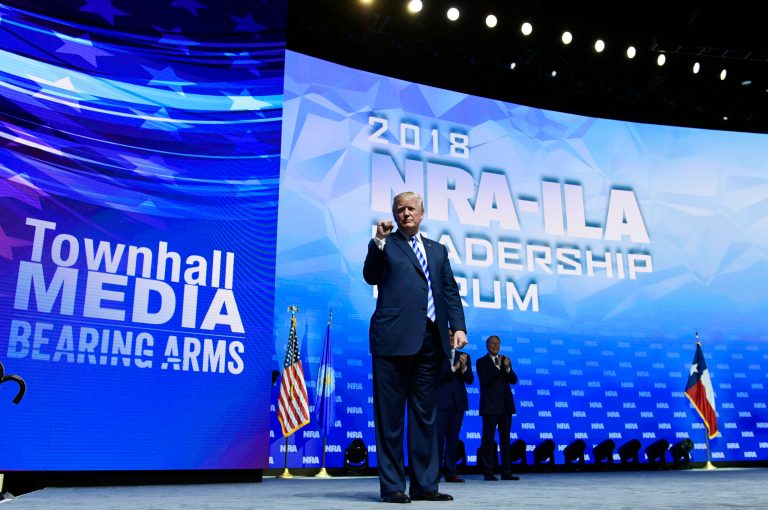 President Donald Trump speaks at the National Rifle Association annual convention in Dallas, Friday, May 4, 2018.
