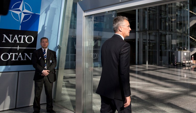 NATO Secretary-General Jens Stoltenberg arrives for his first day of work at the new NATO headquarters in Brussels on May 7, 2018.