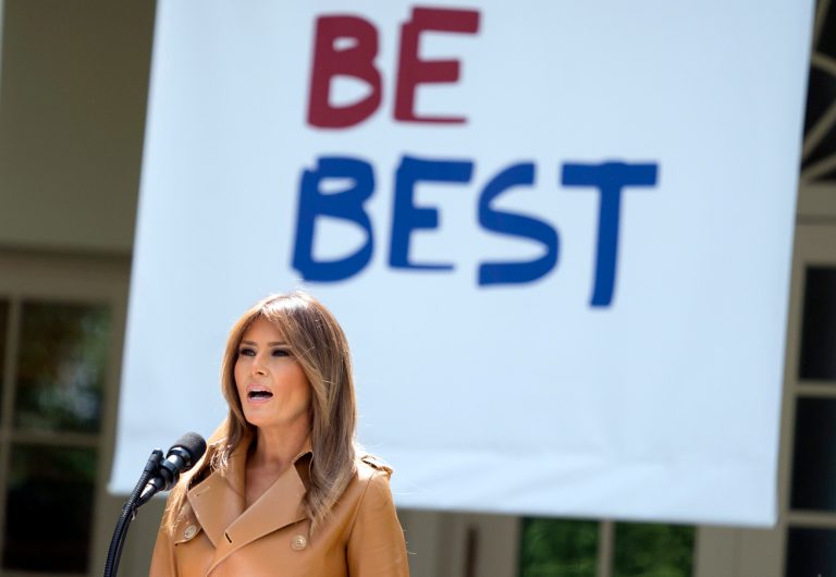 First lady Melania Trump speaks on her initiatives during an event in the Rose Garden of the White House, Monday, May 7, 2018, in Washington.  The first lady gave her multipronged effort to promote the well-being of children a minimalist new motto: "BE BEST."  The first lady formally launched her long-awaited initiative after more than a year of reading to children, learning about babies born addicted to drugs and hosting a White House conversation on cyberbullying.   