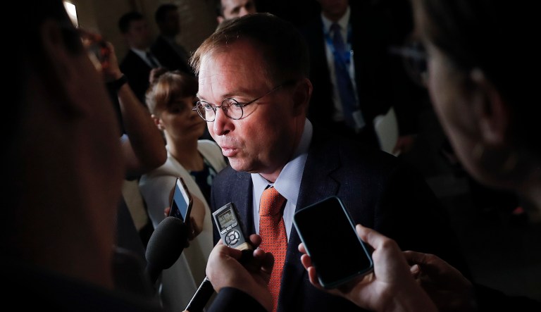 White House Budget Director Mick Mulvaney speaks with members of the media after meeting with House GOP members on Capitol Hill in Washington, Tuesday, May 8, 2018.
