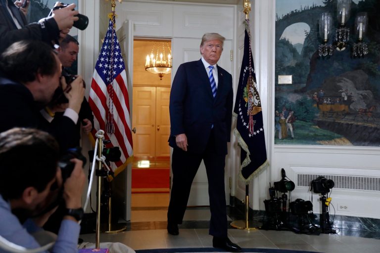 President Trump arrives to deliver a statement on the Iran nuclear deal from the Diplomatic Reception Room of the White House on Tuesday in Washington, D.C.