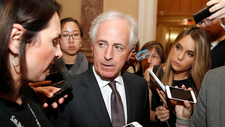 Senate Foreign Relations Committee Chairman Bob Corker, of Tennessee speaks with reporters after a policy luncheon on Capitol Hill, Tuesday, May 8, 2018 in Washington. President Trump says the United States is withdrawing from the Iran nuclear deal, which he called "defective at its core." 