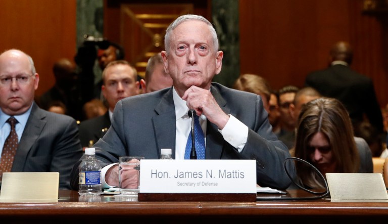Joint Chiefs Chairman Gen. Joseph Dunford, left, Defense Secretary Jim Mattis, and Under Secretary of Defense (Comptroller) and Chief Financial Officer David Norquist, testify to a Senate Appropriations subcommittee hearing on the FY19 budget, Wednesday, May 9, 2018, on Capitol Hill in Washington. 