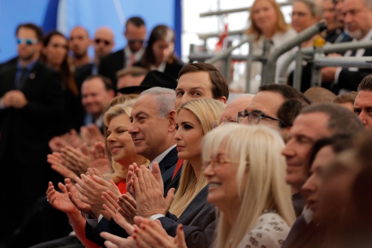 Israel's Prime Minister Benjamin Netanyahu, 2nd left, his wife Sara Netanyahu, left, Senior White House Advisor Jared Kushner, 3rd left, U.S. President's daughter Ivanka Trump, center, U.S. Treasury Secretary Steve Mnuchin, attend the opening ceremony of the new U.S. embassy in Jerusalem, Monday, May 14, 2018.