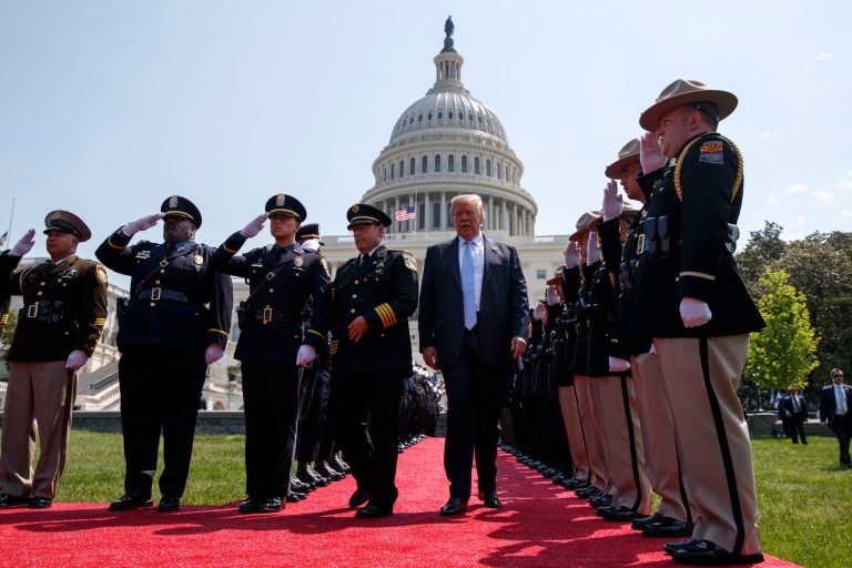 President Donald Trump arrives for the 37th annual National Peace Officers Memorial Service on Capitol Hill, Tuesday, May 15, 2018, in Washington. 