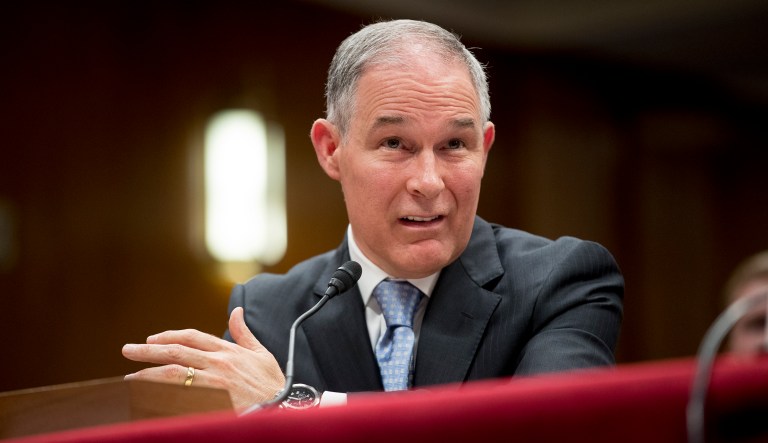 Environmental Protection Agency Administrator Scott Pruitt testifies before a Senate Appropriations subcommittee on Capitol Hill on May 16, 2018.