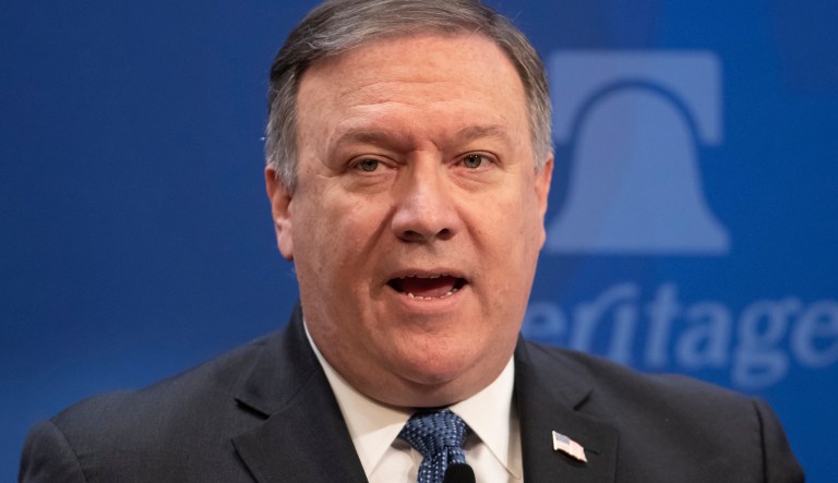 Secretary of State Mike Pompeo speaks at the Heritage Foundation, a conservative public policy think tank, in Washington, Monday, May 21, 2018. Pompeo is threatening to place âthe strongest sanctions in historyâ on Iran if its government doesnât change course.