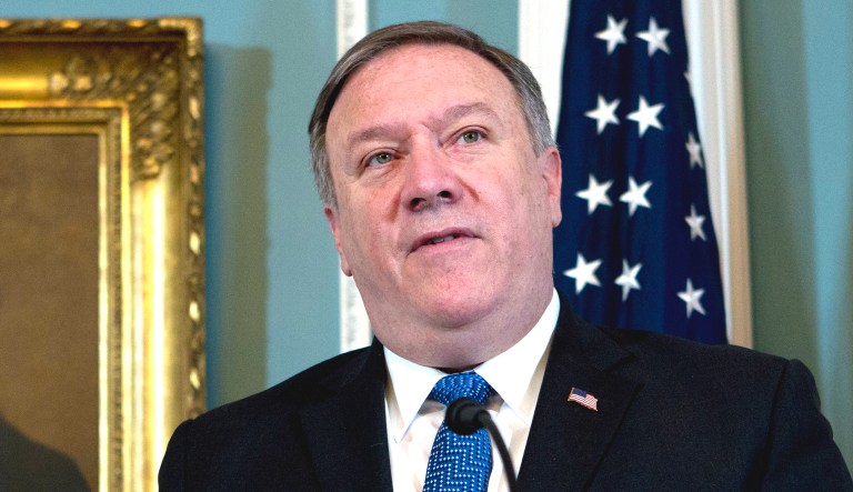 Secretary of State Mike Pompeo speaks during a news conference at the State Department.