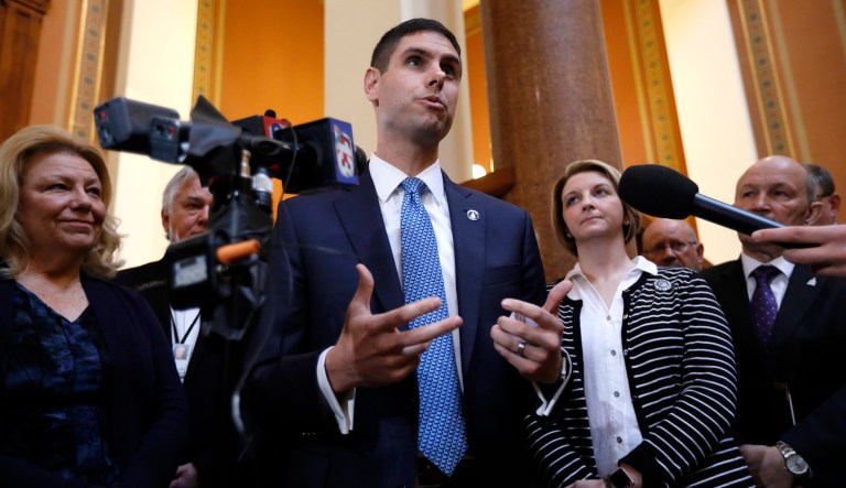 Iowa Democratic gubernatorial candidate Sen. Nate Boulton speaks during a news conference at the Statehouse in Des Moines, Iowa. Three women told The Des Moines Register in a story published online Wednesday that Boulton touched them inappropriately during separate incidents. 
