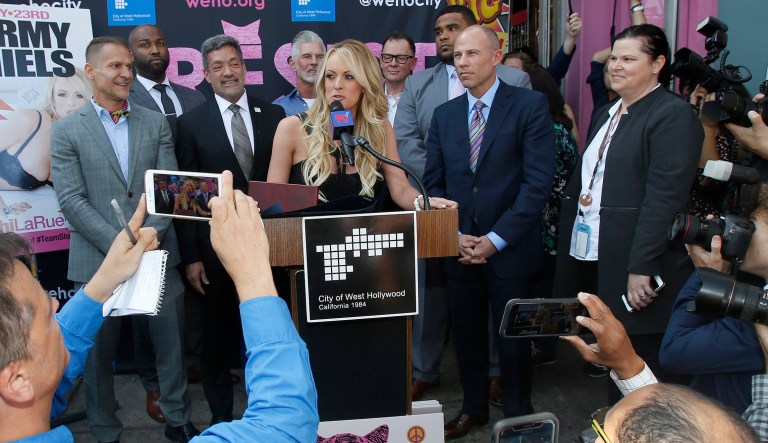 Stormy Daniels speaks during a ceremony for her receiving a City Proclamation and Key to the City on Wednesday, May 23, 2018 in West Hollywood, Calif.