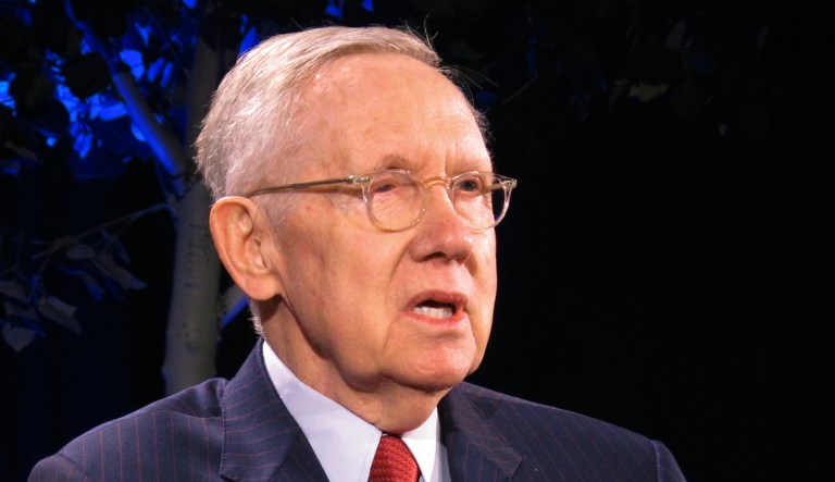 Former Senate Majority Leader Harry Reid speaks during a lecture series at the University of Nevada in Reno, Nev.