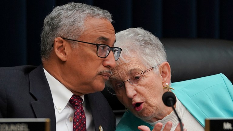 House Education and Workforce Committee Chair Rep. Virginia Foxx, R-N.C., right, and ranking member Rep. Bobby Scott, D-Va., left, talk.