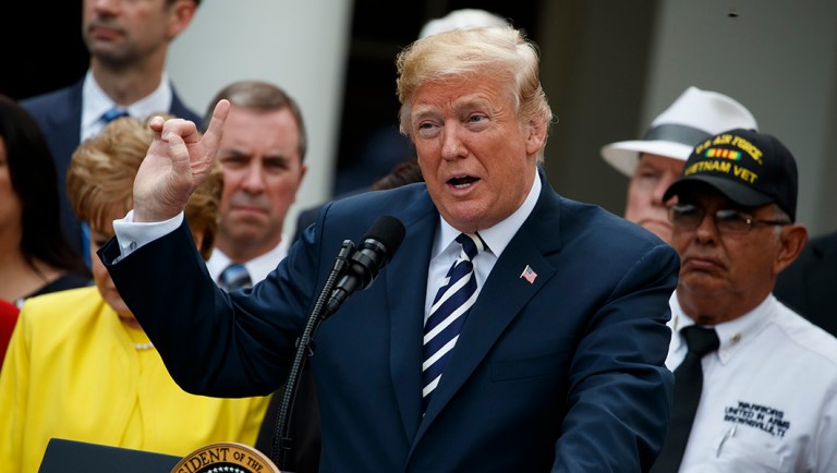 President Trump speaks during a bill signing ceremony for the "VA Mission Act" in the Rose Garden of the White House, Wednesday, June 6, 2018, in Washington.
