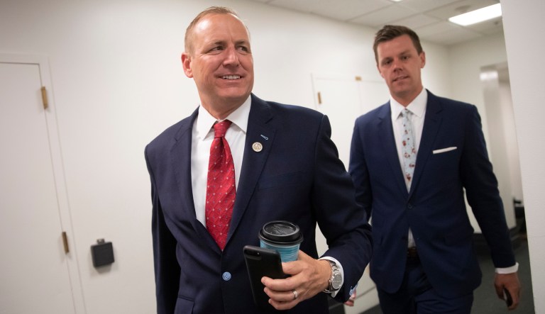 Rep. Jeff Denham, R-Calif., arrives for a closed-door GOP meeting as the Republican leadership tries to reach a policy agreement between conservatives and moderates on immigration.