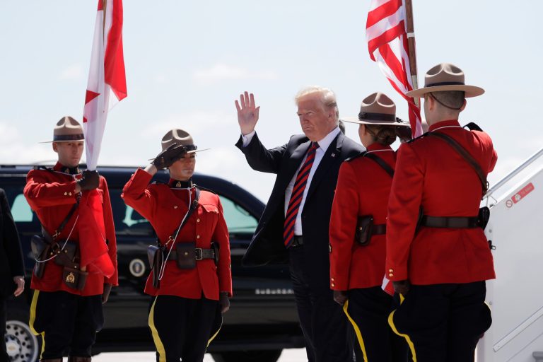 President Donald Trump arrives for the G7 Summit, Friday, June 8, 2018, in Canadian Forces Base Bagotville, Canada.