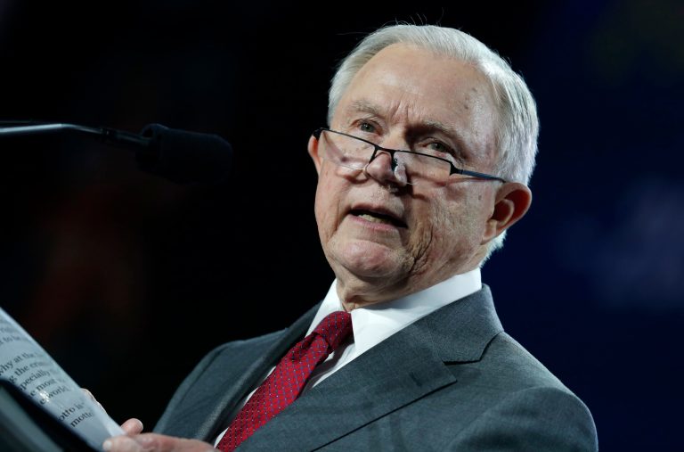 U.S. Attorney General Jeff Sessions makes a point during his speech at the Western Conservative Summit, Friday, June 8, 2018, in Denver.