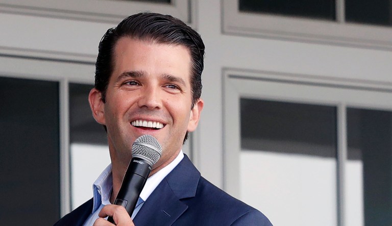 Donald Trump Jr. talks at the opening of the Trump Golf Links clubhouse, Monday, June 11, 2018, in the Bronx borough of New York.