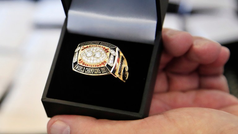 An authentic Super Bowl ring unpacked at Redskins Park in Ashburn, Va.
