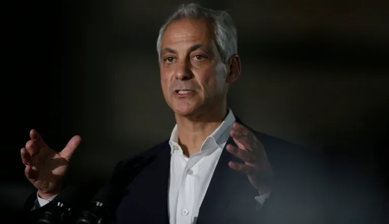 Chicago Mayor Rahm Emanuel speaks at a news conference Thursday, June 14, 2018, in Chicago. The Boring Company, founded by Tesla CEO Elon Musk, has been selected to build a high-speed underground transportation system that it says will whisk passengers from downtown Chicago to O'Hare International Airport in mere minutes.